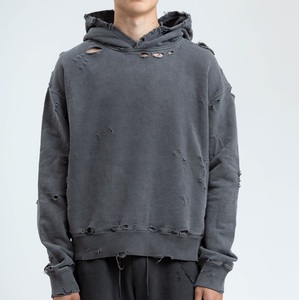 Sweat à capuche 100% coton polaire lourd lavé à l'acide déchiré ourlet brut à capuche vintage à capuche épaisse - Product Image 2