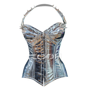 Custom Shiny Metallic PVC Overbust <b>Corset</b> with Spiked Halter Strap | High Compression Steel Boned <b>Body</b> <b>Shaper</b> <b>Corsets</b> - Product Image 3
