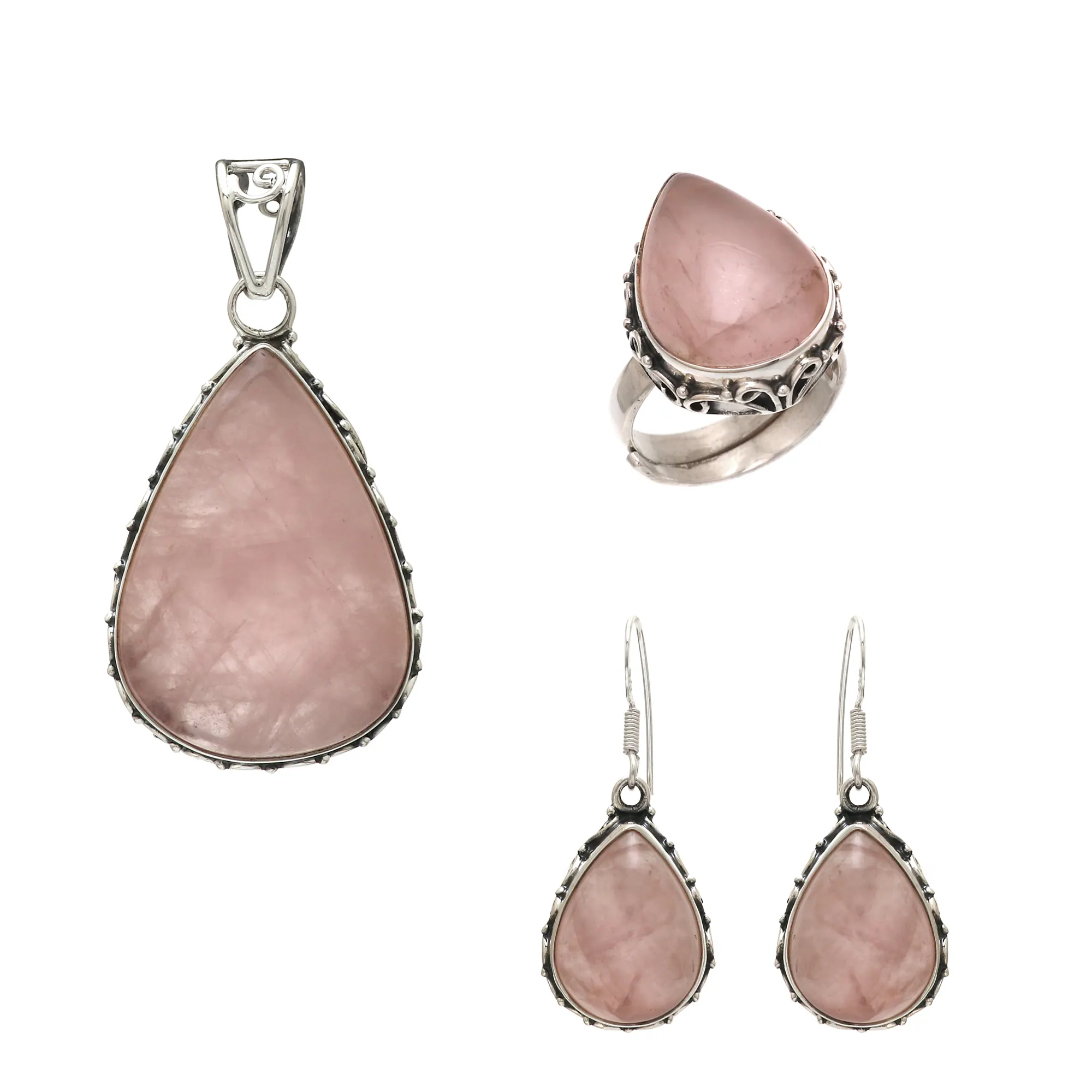 Conjuntos de joias de prata esterlina 925 de alta qualidade com pingente de quartzo rosa, brincos de pedra ajustável, anel com bandana ajustável, atacado