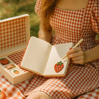 LABON Coffret cadeau de carnet Vichy fraise avec couverture en tissu Stylo journal Washi Tape Stickers et accessoires mignons