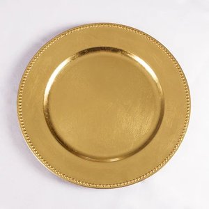 Assiette de service ronde en métal avec bordure perlée finition or premium pour les fêtes, les dîners, les serveurs, les assiettes à dîner pour la décoration de table - Product Image 1