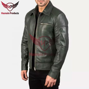เสื้อแจ็คเก็ตหนังแท้สีเขียวสำหรับผู้ชาย คอปกเสื้อเชิ้ต ซิป กระเป๋าหน้าอก หนังแกะ สีเขียวมะกอก สไตล์ไบค์เกอร์ แบบมินิมอล เสื้อคลุมฤดูหนาวสั่งทำพิเศษ - Product Image 3