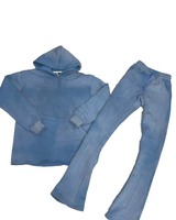 Conjunto de Sudadera con Capucha y Pantalones Deportivos con Logotipo Personalizado, Unisex, Estilo Holgado, Lavado Ácido, Pantalones Deportivos Acampanados, Felpa de Algodón, Ropa Urbana de Dos Piezas