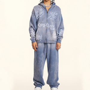 Chándal de dibujo a mano de algodón 100% a la moda para hombre, conjunto con capucha de peso pesado, función transpirable, cierre de cordón frontal para invierno - Product Image 3