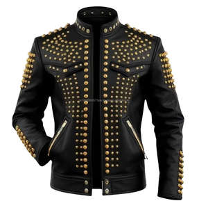 Chaquetas de Cuero Genuino Negro Hechas a Mano para Hombre, Chaqueta Estilo Rockero Punk con Tachuelas Doradas para Hombre, Ropa Urbana - Product Image 1