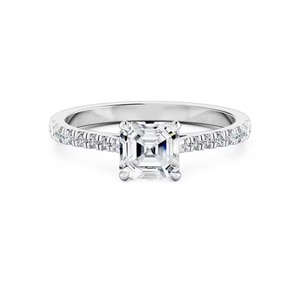 Anillo de compromiso de oro macizo de 14 quilates con diamante cultivado en laboratorio con corte Asscher certificado, calidad E-VS2, 0.85 quilates en total, sobre una banda de diamantes. - Product Image 2