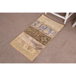 Turkish 1.8x3.1 ft Rug, Small Vintage Rug, <b>Brown</b> Blue Patchwork <b>Wool</b> Rug - Product Image 2