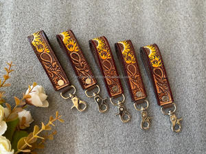 Stylish Hand Carved Tooled Leather Key Chains Embossed Floral Print Leather Key Rings Tooled Leather Accessories Cute Key Chains - Product Image 2
