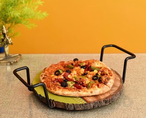 Medium Size Round <b>Pizza</b> Display Stand in Metal and Wood Stylish Enamel Design Perfect for Kitchenware and Table Use - Product Image 5