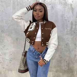 Custom Printed Red Leather <b>Sleeve</b> Women's Varsity Baseball Denim <b>Jackets</b> <b>Short</b> Fashion <b>Jackets</b> for Women - Product Image 4