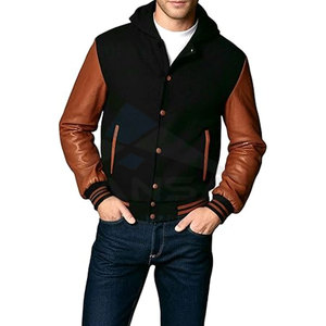 Veste universitaire traditionnelle pour homme en laine mélangée de qualité supérieure avec manches en cuir véritable à 100 %, bordure côtelée, noir, marron, capuche - Product Image 3
