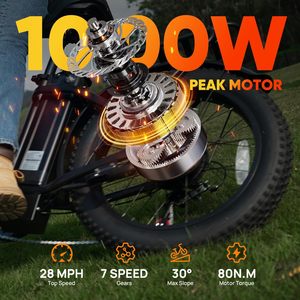 Newly Fat Tire Electric <b>Bike</b> 1000W 48V Removable Battery 80 Mile Range 20MPH 7 Speed Suspension - Product Image 3