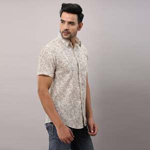 Beige Regular Men's Cotton Printed <b>Shirt</b> <b>Button</b>-Up Collar Short Sleeves Breathable Poplin Fabric New Condition Digital Single - Product Image 4