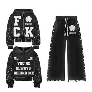 Streetwear personnalisé sweat à capuche zippé pour hommes en détresse lavage à l'acide lourd strass pantalon de survêtement et ensemble de sweat à capuche - Product Image 3