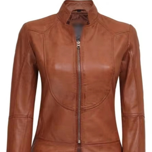 Meilleure vente veste en cuir marron clair pour femmes col montant d'hiver processus tricoté respirant écologique séchage rapide solide - Product Image 1