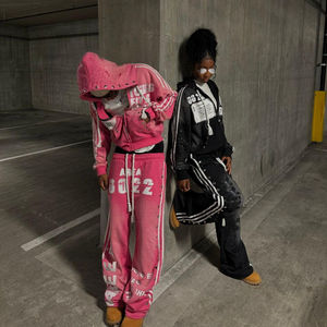 Pantalones de chándal acampanados con logotipo de impresión digital de diamantes de imitación personalizados y Conjunto de sudadera con capucha, ropa de calle desgastada, chándal para hombre lavado con ácido - Product Image 3