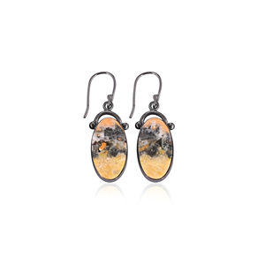 Pendientes de Bisutería con Forma Ovalada de Jaspe Abejorro Natural, Chapados en Oro Amarillo, al por Mayor para Mujeres y Niñas - Product Image 1