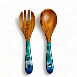 Ensemble de serveurs à salade en bois de manguier sculpté, bois naturel avec 2 spatules, ustensiles durables faits à la main - Product Image 2