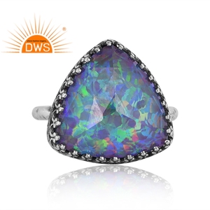 Anillo apilable de piedras preciosas de ópalo de fuego verde sintético de plata de ley oxidada de la mejor calidad, fabricante de joyería personalizada - Product Image 3