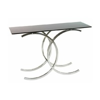 Table console de luxe, plateau en bois massif artisanal, support en acier argenté décalé, crée un impact saisissant dans les intérieurs élégants