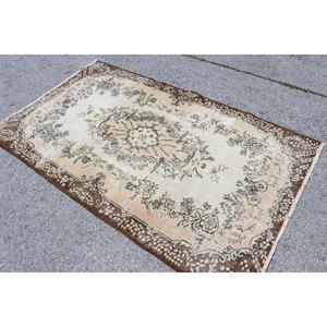 4x6.7 ft Vintage Rug, Turkish Area Rug, <b>Brown</b> White Persian <b>Wool</b> Rug - Product Image 4