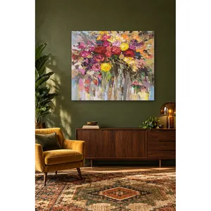 Impression sur toile de bouquet de roses rouges et jaunes avec technique du couteau à palette Fida - Product Image 1