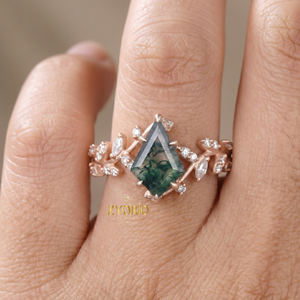 Anillo de compromiso de ágata musgosa Kite, oro macizo de 10K, anillo de diamantes con diseño floral, joyería nupcial inspirada en la naturaleza para mujer - Product Image 4