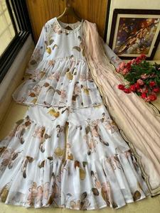 Bollywood Style Kurti Sharara Set Heavy Georgette With Digital Print (Fully <b>Stitched</b>) Weddings and Parties for Womens and Girls - Product Image 4