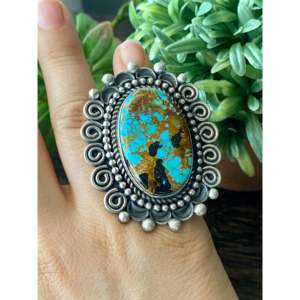 Alex Sanchez Kings Manassa Turquoise & Sterling <b>Silver</b> <b>Boho</b> <b>Ring</b> Size 5.5 Bezel Setting Vermeil Plating for Everyday Wear Gift - Product Image 2