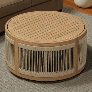 Table basse d'extérieur moderne en teck rond avec un design en corde tressée, table de jardin de luxe pour villa, hôtel - Product Image 1