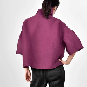 Camiseta Casual Holgada de Diseño Nuevo para Mujer, Cuello Alto Plisado, Manga Acampanada, para Otoño, Diseño Sólido - Product Image 2