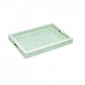 Bandeja para servir con incrustaciones de hueso de inspiración marroquí morisca, diseño estampado, otomano y bandeja decorativa de artesanía creciente - Product Image 1