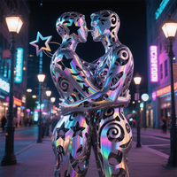 Sculptures métalliques abstraites représentant un couple dans un étreinte ou une danse passionnées et émouvantes, transmettant un sens dynamique et une connexion émotionnelle.