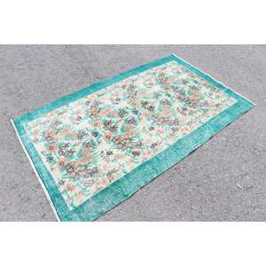 Tapis turc vintage, tapis de 3,8 x 6,1 pieds, tapis en laine bleu et marron à carreaux - Product Image 2