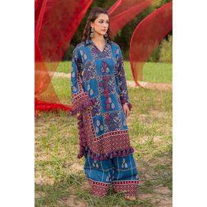 Unstitched <strong>Blue</strong> 2-Piece Cotton Lawn Suit for Women Daily <strong>Wear</strong> with Tassel Decoration - Product Image 1
