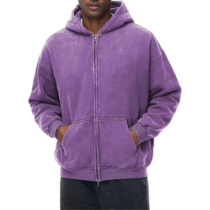 100% algodón hombres ropa de calle holgada sudaderas con capucha comprar bolsillos de canguro de alta calidad cremallera completa lavado ácido Sudadera con capucha pulóver - Product Image 2