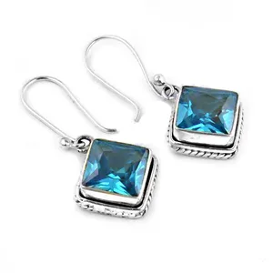 Boucles d'oreilles carrées en argent 925 avec topaze bleue, bijoux plaqués or pour femmes, pour fiançailles, mariage, anniversaire, fête, diamant taille poire principal - Product Image 2