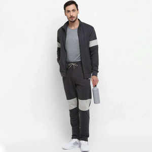 Survêtements unisexes en coton 100% de couleur noire unie, à la mode, avec veste à fermeture éclair intégrale et pantalon de survêtement à cordon de serrage - Product Image 4