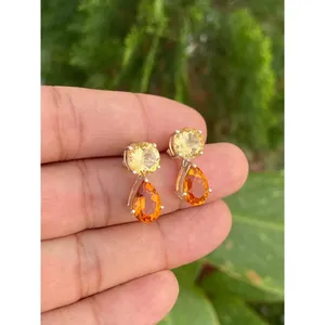 Boucles d'oreilles pendantes en citrine naturelle, argent sterling 925 plaqué rhodium, bijoux en pierres précieuses fines faits à la main, style classique - Product Image 3