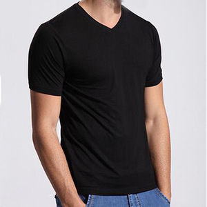 Venta al por mayor de fibra de bambú de algodón con cuello en V de manga corta de color sólido de media manga Modal Casual hombres Camiseta corta para hombres - Product Image 2