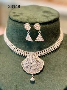 Elegant <b>Gold</b>-Plated Floral Pendant <b>Choker</b> Necklace Set with Matching Earrings | Bridal & Festive Jewelry Model 23147 - Product Image 4