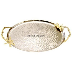 Miroir en verre de forme ronde de couleur noire avec cadre en métal de concepteur de feuilles polies brillantes argentées et plateau de service de base fournitures d'hôtel - Product Image 6