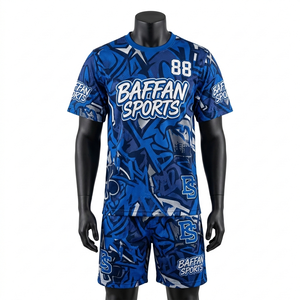 Ensemble short de basket en mesh polyester respirant, motif graphique bleu, short en jersey, logo personnalisé par sublimation pour ensemble short homme - Product Image 1