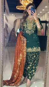 Conjunto de Salwar Dhoti con Dupatta, Seda Chinon Pesada, Bordado con Lentejuelas de 5 mm, Estilo Vintage, Holgado, Cintura Natural, Traje de Trabajo Otoñal, Color Sólido, Mini - Product Image 5