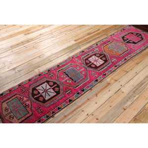 Turkish Vintage Herki <b>Runner</b> Rug 2.7x11.8 ft, <b>Red</b> Geometric Rug Wool - Product Image 2