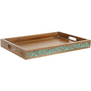 Plateau de service en bois de manguier sculpté à la main de style vintage avec poignées, finition blanchie à la chaux, décoration d'intérieur en bois fait main, cadeau en vente - Product Image 3