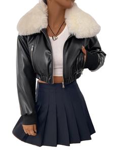 Chaqueta de moto de piel de vaca vintage para mujer, con cuello de pelo largo bordado, cremallera, bolsillos y hombros caídos, ideal para invierno. - Product Image 6