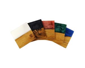 Posavasos de madera de acacia de resina colorida en stock combinado, los mejores posavasos cuadrados de madera de acacia de Acacia con borde de resina transparente de SCI - Product Image 1