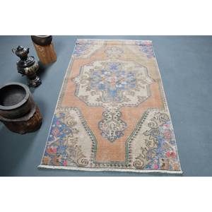 Alfombra de área grande azul Beige Oriental, alfombra de habitación rectangular turca de lana de 3,7x6,5 pies con respaldo de látex para sala de estar y pasillo - Product Image 1