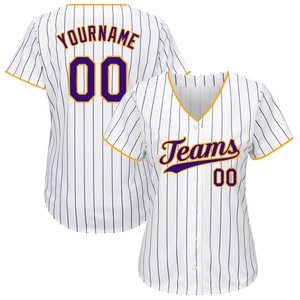 Custom White Purple Pinstripe Purple-Gold Camiseta de baloncesto auténtica 100% Poliéster Camiseta de béisbol personalizada - Product Image 2